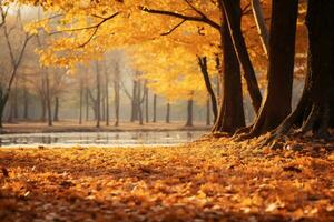 ai génératif de une serein l'automne paysage d'or feuilles couverture le sol photo