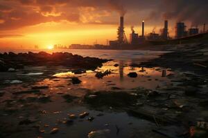 le coucher du soleil plus de pollué littoral révèle environnement dommage ai génératif photo