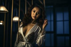 magnifique asiatique fille portant nuit robe dans confortable chambre ai génératif photo