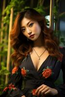 magnifique asiatique fille portant sensuel robe dans fleur jardin ai génératif photo