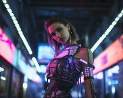 une photo de une fille dans une éclairé au néon cyberpunk tenue dans une futuriste paysage urbain à nuit ai génératif