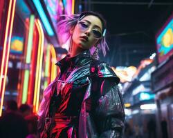 une photo de une fille dans une éclairé au néon cyberpunk tenue dans une futuriste paysage urbain à nuit ai génératif