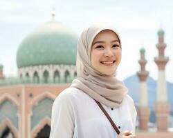 ai génératif magnifique asiatique musulman fille portant hijab photo