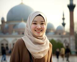 ai génératif magnifique asiatique musulman fille portant hijab photo