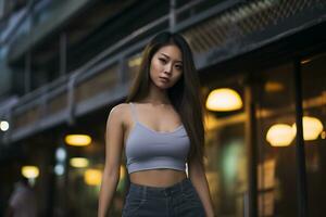 magnifique asiatique fille sur trandy décontractée tenue ai génératif photo