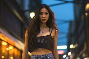 magnifique asiatique fille sur trandy décontractée tenue ai génératif photo