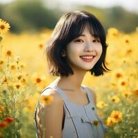 magnifique asiatique fille dans fleur jardin ai génératif photo