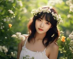 magnifique asiatique fille dans fleur jardin ai génératif photo