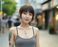 de bonne humeur coréen fille avec tatouage souriant à caméra ai génératif photo