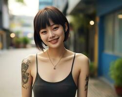 de bonne humeur coréen fille avec tatouage souriant à caméra ai génératif photo