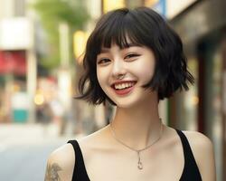 de bonne humeur coréen fille avec tatouage souriant à caméra ai génératif photo