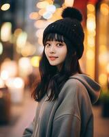 une de bonne humeur coréen fille portant sweat à capuche et tricoter chapeau ai génératif photo