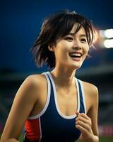magnifique souriant asiatique fille athlète dans des sports arène ai génératif photo
