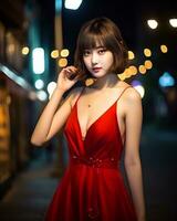 magnifique asiatique fille portant charme soie robe ai génératif photo