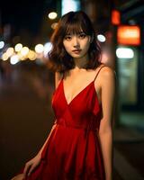 magnifique asiatique fille portant charme soie robe ai génératif photo