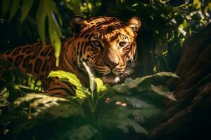 majestueux léopard repos en dessous de jungle arbre ai génératif photo