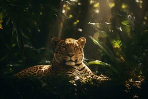 majestueux léopard repos en dessous de jungle arbre ai génératif photo