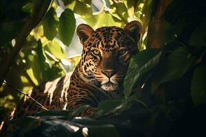 majestueux léopard repos en dessous de jungle arbre ai génératif photo