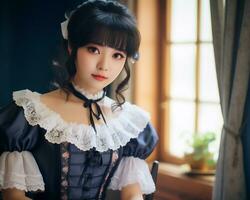 mignonne asiatique Jeune fille habillé dans lolita Femme de ménage robe ai génératif photo