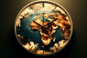 continents chaleur en haut dans une horloge, symbolisant le global chauffage dilemme ai généré photo