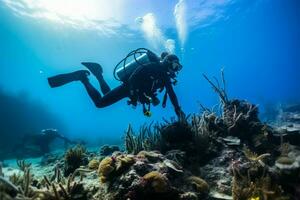 dans une endommagé récif, Marin scientifiques collaborer sur corail restauration ai généré photo