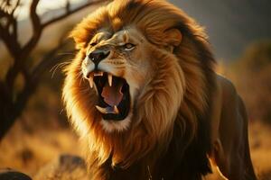 majestueux Masculin Lion avec ouvert bouche, une féroce, rugissement jungle Roi ai généré photo