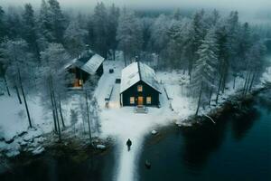 Suède hiver cabines capturé de au-dessus de, avec une solitaire figure ai généré photo