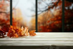 blanc en bois table orné avec le vibrant teintes de l'automne feuilles ai généré photo