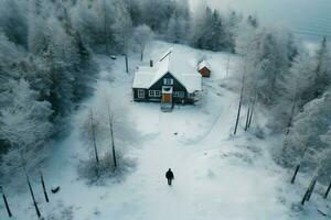 aérien coup de solitaire figure près cabines dans neigeux Suède ai généré photo