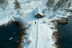 aérien coup de solitaire figure près cabines dans neigeux Suède ai généré photo