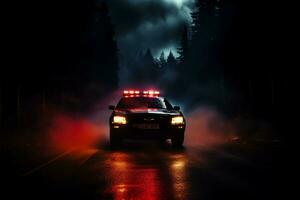 911 police réponse voiture poursuite dans le brumeux nuit toile de fond ai généré photo