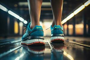 tapis roulant formation proche en haut de une mans pieds dans des sports des chaussures ai généré photo