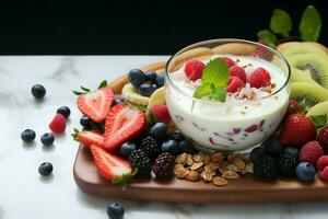 végétarien petit déjeuner avoine granola, yaourt, des fruits, des noisettes sur en bois planche ai généré photo