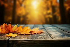 vibrant tomber feuilles du repos sur une rustique en bois tableau, l'automne à thème ai généré photo