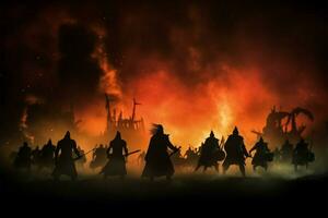 guerriers dans médiéval combat, silhouettes supporter en dehors contre brumeux toile de fond ai généré photo