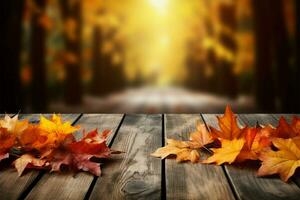 en bois table orné avec coloré l'automne feuilles, une saisonnier scène ai généré photo