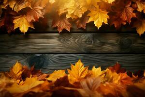 en bois surface améliore le l'automne atmosphère avec coloré tomber feuilles ai généré photo