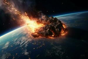 astronomique un événement météorite s'enflamme pendant astéroïde collision, visible de espace ai généré photo