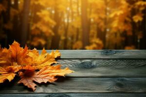 automnes beauté coloré feuilles orner une en bois table comme une toile de fond ai généré photo