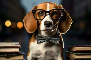 beagle chiot breloques dans des lunettes et arc cravate, prêt pour attention ai généré photo