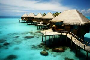 des oiseaux œil vue de Maldives l'eau villas, en bois jetée ai généré photo