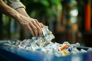 soins personnes main soigneusement recycle papier, visée pour le poubelle ai généré photo