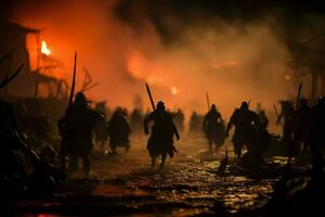 cavalerie et infanterie choc dans une brumeux, sélectif concentré médiéval scène ai généré photo