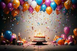 une de fête Contexte Caractéristiques des ballons, gâteau, bougies, et anniversaire vœux ai généré photo