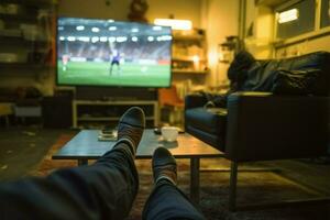 profiter une télévisé football correspondre, pieds en haut pour ultime relaxation ai généré photo