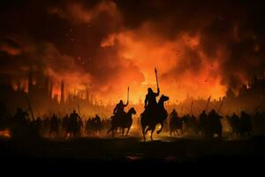 épique médiéval bataille, silhouette cavalerie et infanterie choc dans le nuit ai généré photo