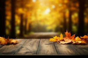 tomber feuillage sur une en bois table crée une confortable l'automne toile de fond ai généré photo