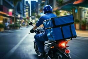 Express un service livraison homme dans bleu uniforme monte moto rapidement ai généré photo