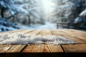 glacial hivers journée une en bois table saupoudré avec brillant neige ai généré photo