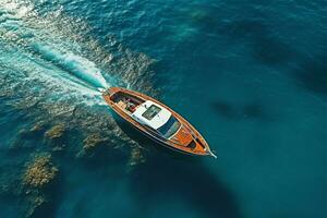 une neural réseau améliore le Haut vue image de une flottant bateau ai généré photo